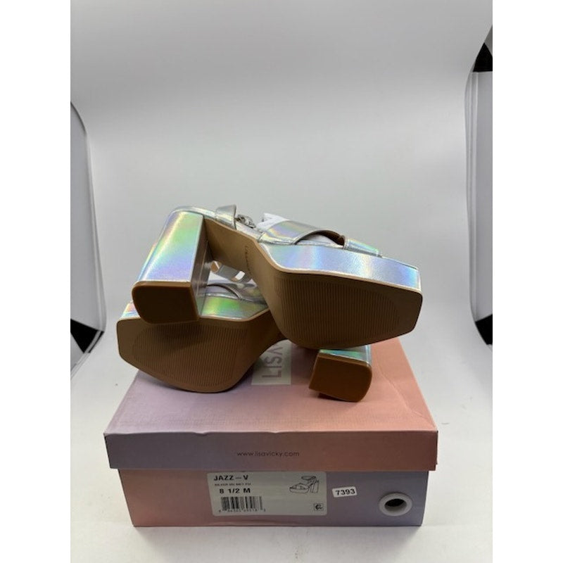 Lisa Vicky JAZZ-V Leather Platform Strappy Sandals Silver Womens Size 8.5
