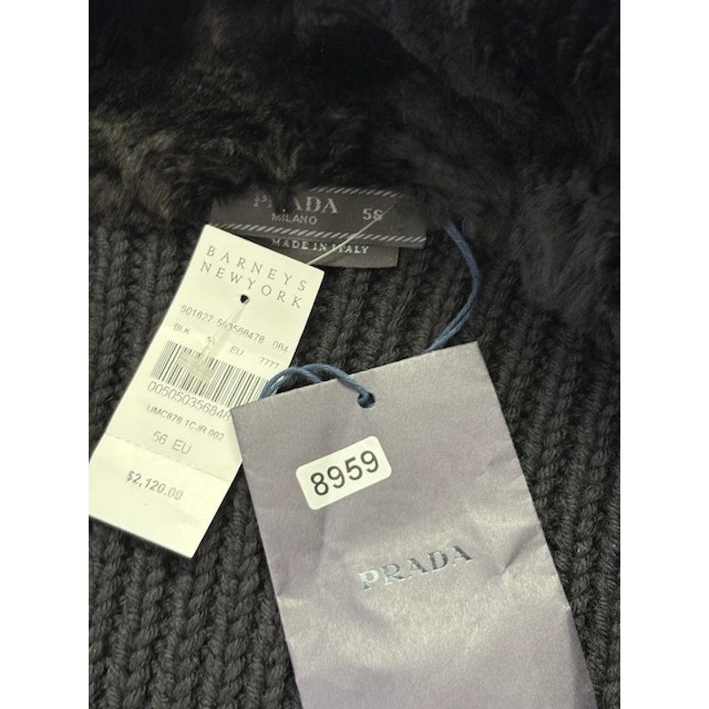 Prada Faux-Fur Collar Cardigan Knit Sweater Full-Zip Black Mens Size 56 EU