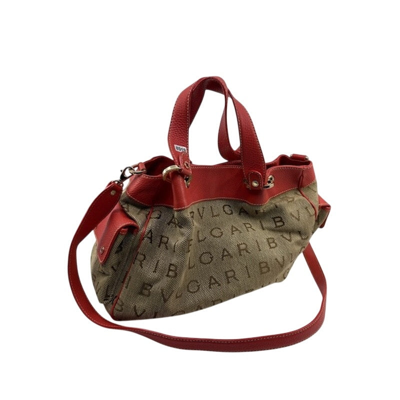 BVLGARI Canvas Leather Logo Mania Satchel Shoulder Bag Detachable Strap Brown