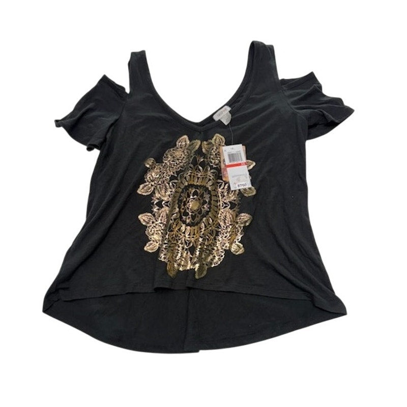 Self Esteem Cold Shoulder Top Gold Mandala Graphic V-Neck Black Womens Sz XS