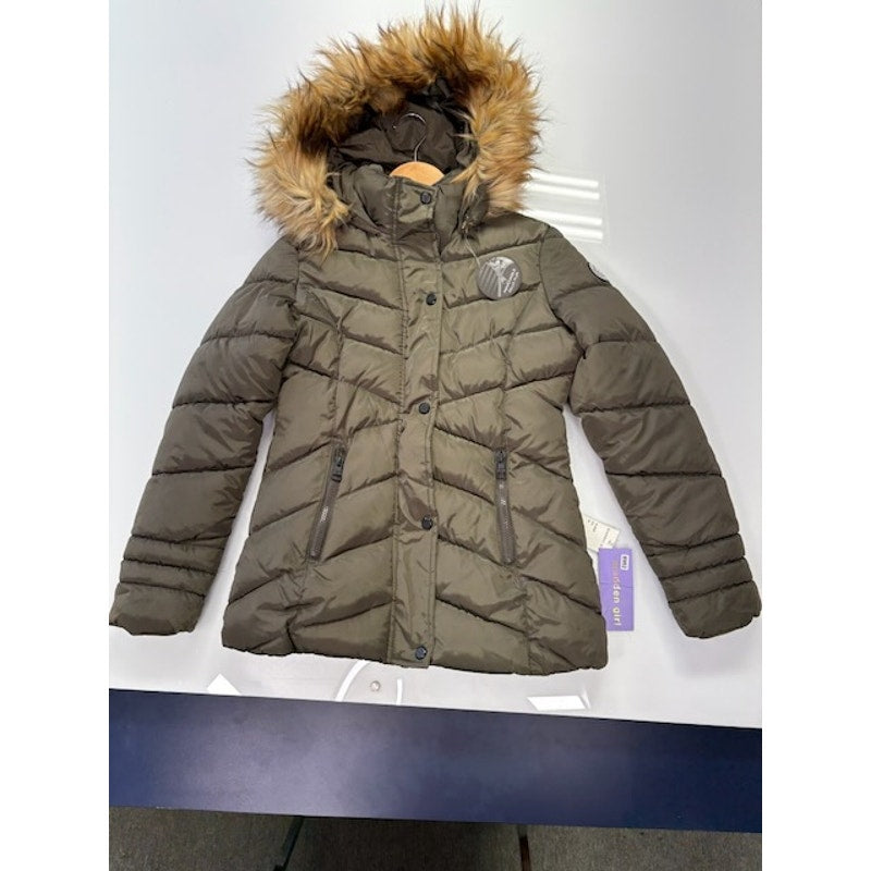 Madden Girl Hooded Faux-Fur-Trim Puffer Coat Zip-Up Olive Juniors Size XS