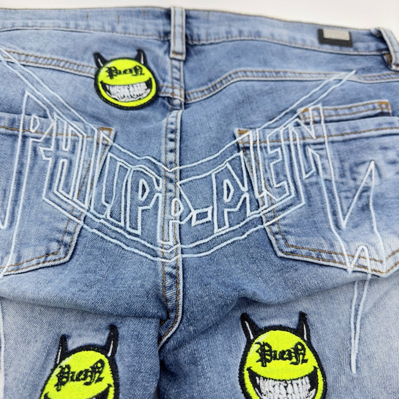 Philipp Plein Evil Smile Bermuda Shorts Denim Light Wash Blue Juniors Size 16