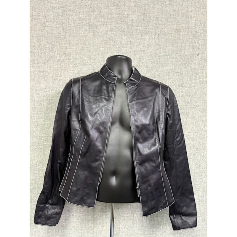 Carlisle Pleated Leather Jacket Zipper-Up High Neck Black Womens Size 8