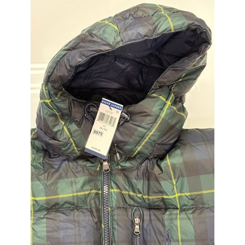 POLO Ralph Lauren Plaid Down Filled Hooded Puffer Jacket Green/Multi Mens XL