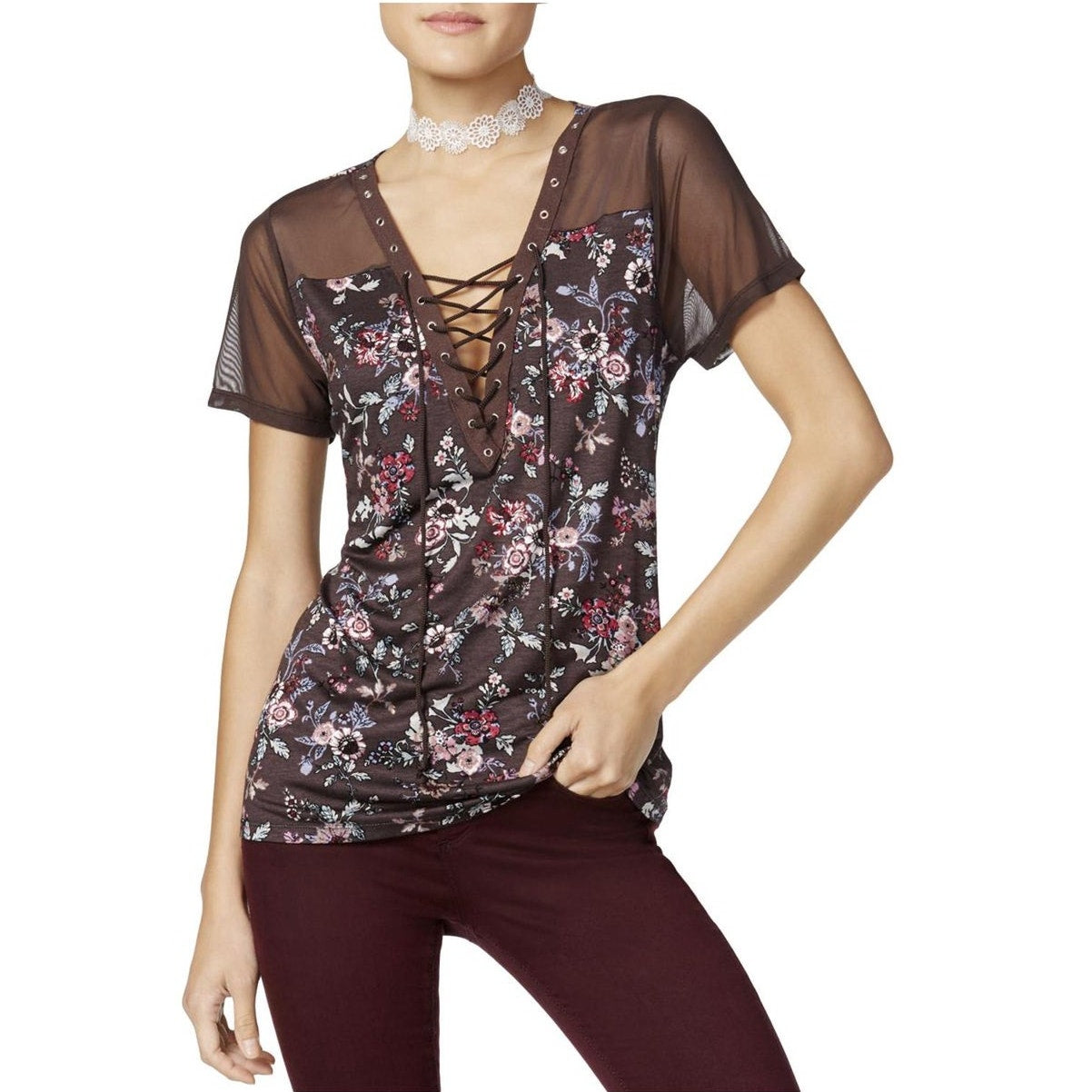 Gypsies & Moondust Floral Lace Up Blouse Short Sleeve Purple Womens Size XS