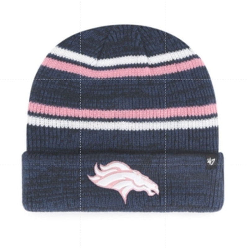 47 Brand NFL Denver Broncos Marled Stripe Cuff Knit Beanie Navy Pink OS