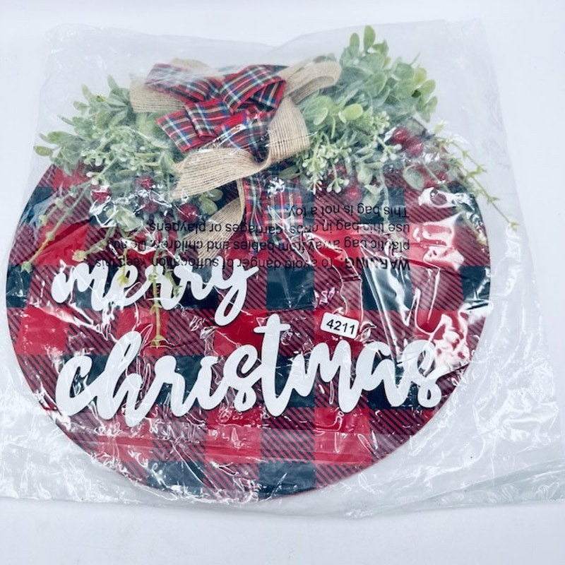 12" Merry Christmas Round Plaid Hanging Wooden Sign Home Door Holiday Decor
