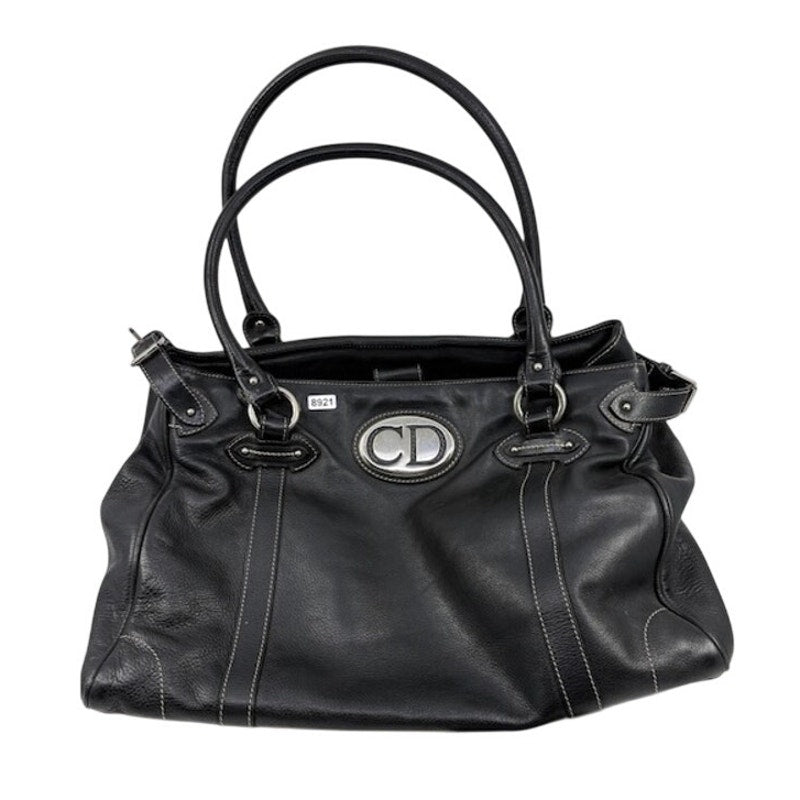 Christian Dior Leather Silver Hardware Handbag Snap Closure Black Womens Medium