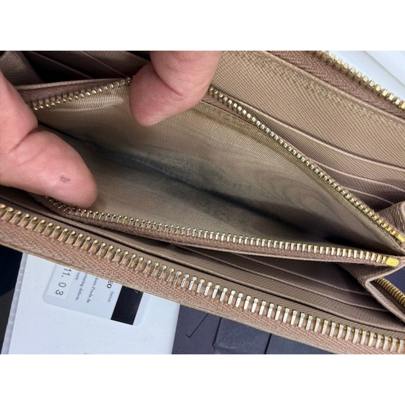 Authentic PRADA Saffiano Fiocco Bow Zip Around Wallet Leather Beige Womens COA