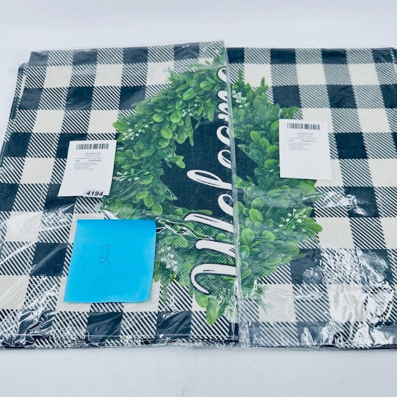 Set Of 2 Unves Boxwood Wreath Winter Welcome Garden Flag Plaid 28"X40"