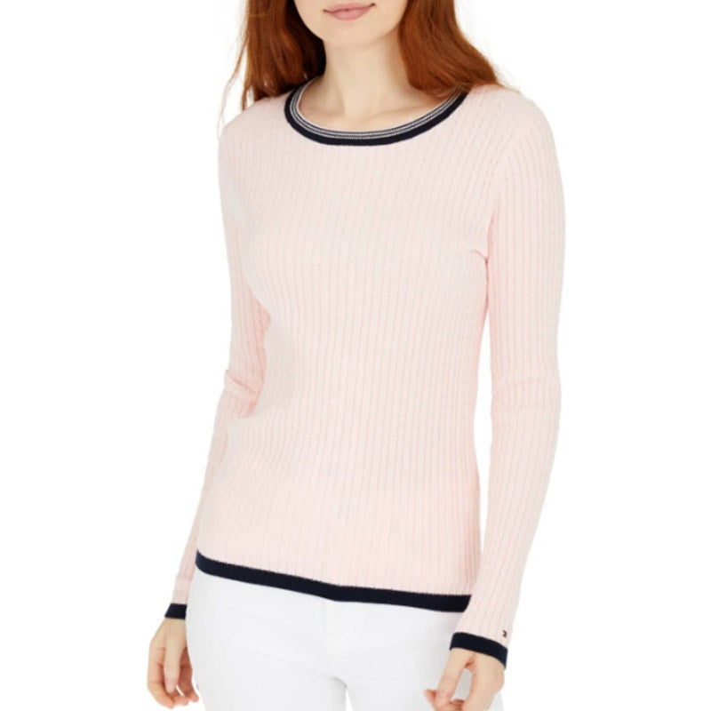 Tommy Hilfiger Cable-Knit Sweater Contrast-Trim Light Pink Black Womens Size XL