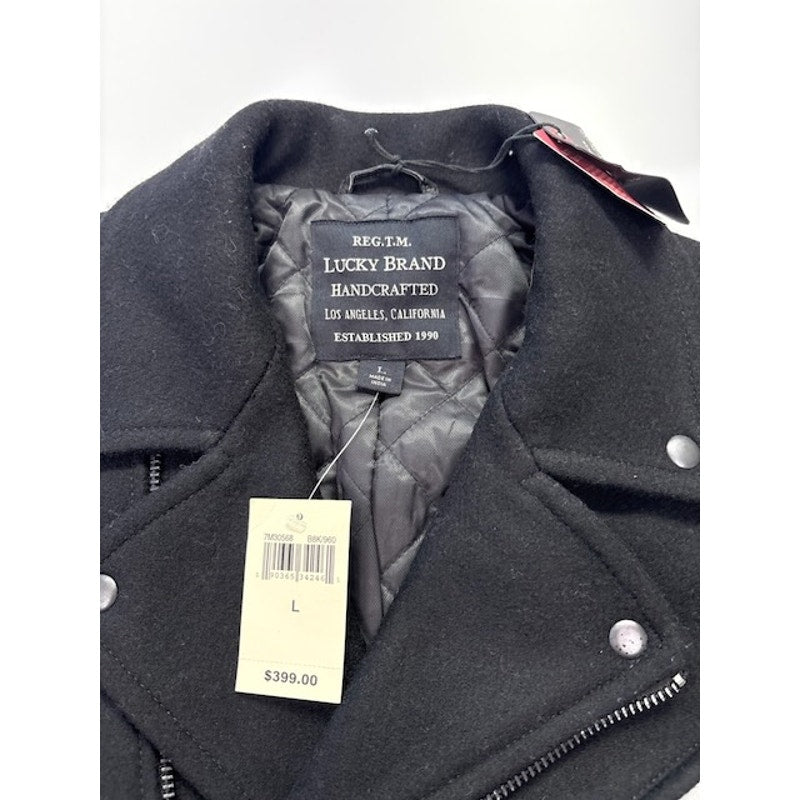 Lucky Brand Moto Jacket Leather Wool Quilted Lined Zip-Up Black Mens Size L