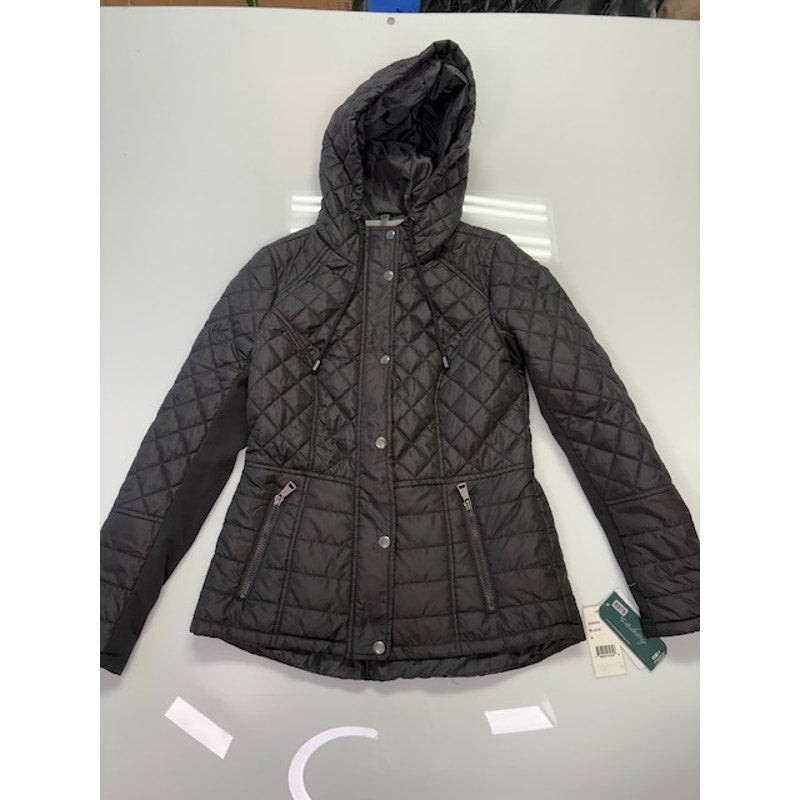 Sebby Hooded Water-Resistant Diamond Quilted Hooded Coat Black Womens Size S