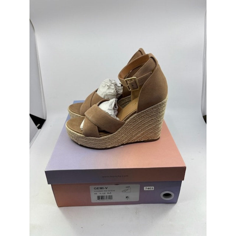 Lisa Vicky Gemi Platform Espadrille Wedge Sandal Suede Cognac Womens Sz 6.5