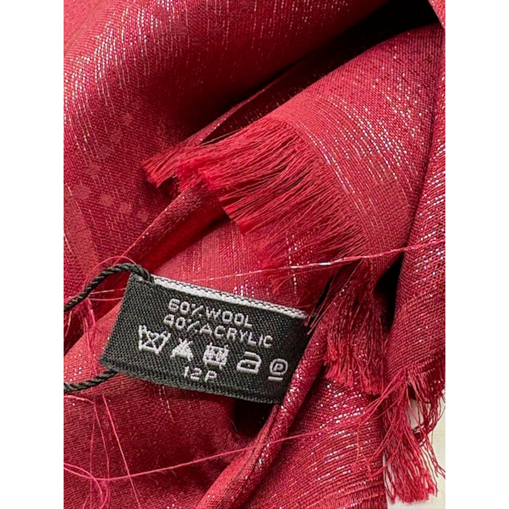 Chanel Scarf Metallic Check Wool Acrylic Blend Wrap Shawl Burgundy Red OS