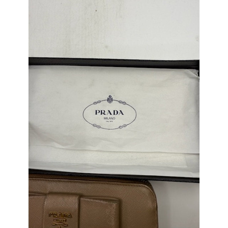 Authentic PRADA Saffiano Fiocco Bow Zip Around Wallet Leather Beige Womens COA