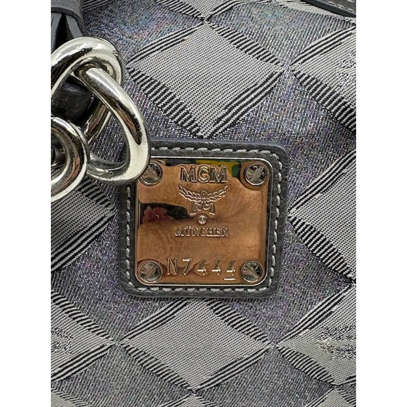 MCM Visetos Boston Bag Satchel Leather-Trimmed Hand Bag Chain Handle Grey Womens