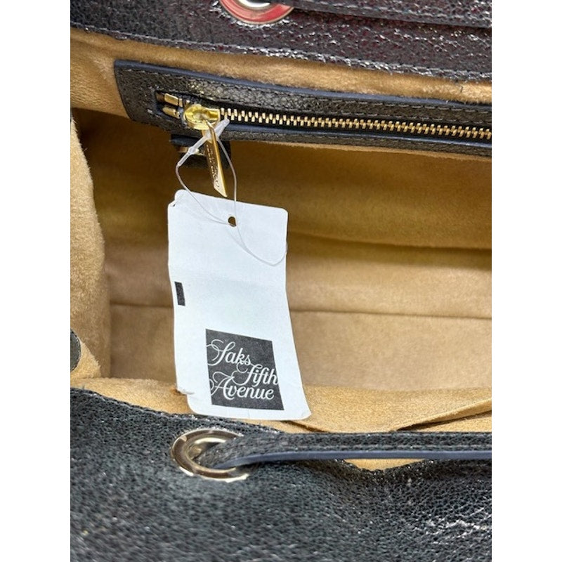 Jimmy Choo Grainy Leather Gunmetal Metallic Rosalie Satchel Bag Dark Brown