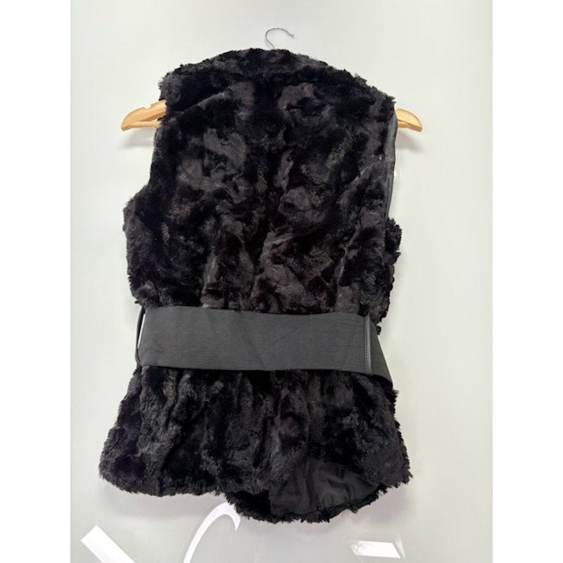 Wal G7 Faux Shaggy Fur Vest Belted Open Front Sleeveless Black Womens Size S