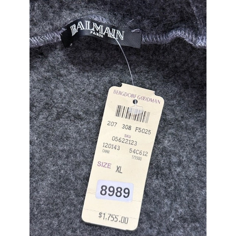 Balmain Quilted Biker Hoodie Two-Way Zip Flap Pockets Gray Mens Size XL