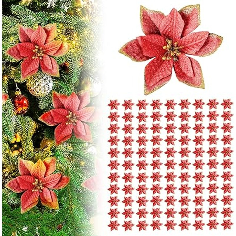 NEW 90 Pcs Christmas Glitter Poinsettia Flowers Decoration Ornaments 5 Inch Red