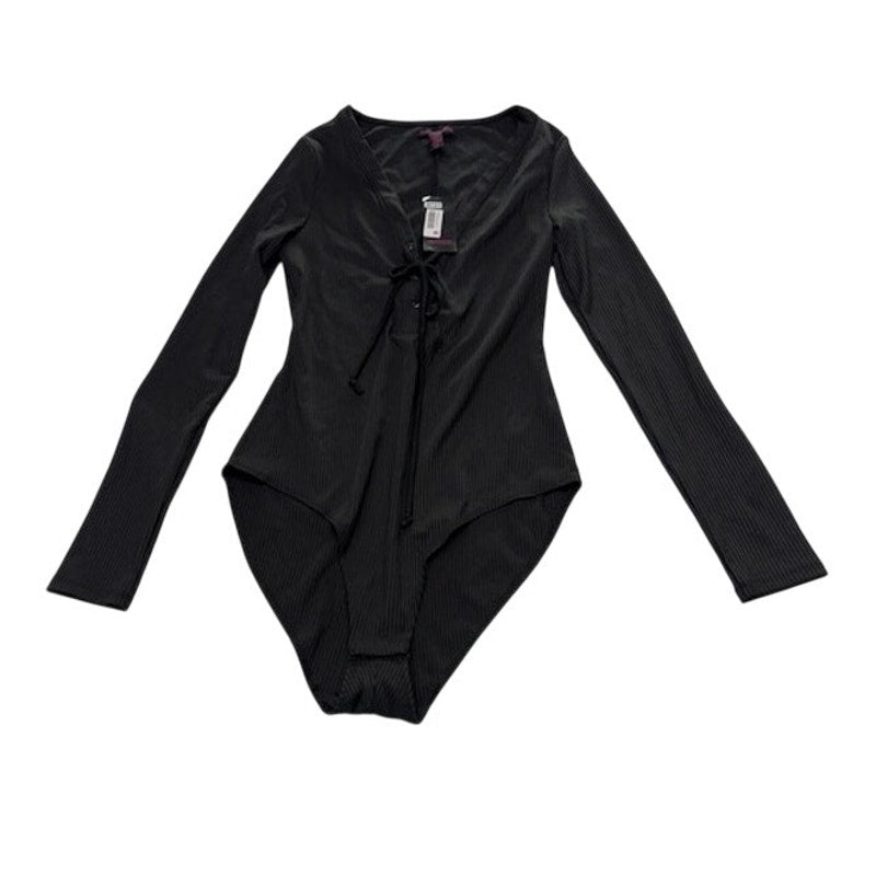 Material Girl Lace Up Rib Knit Long Sleeve Bodysuit V-Neck Black Womens M