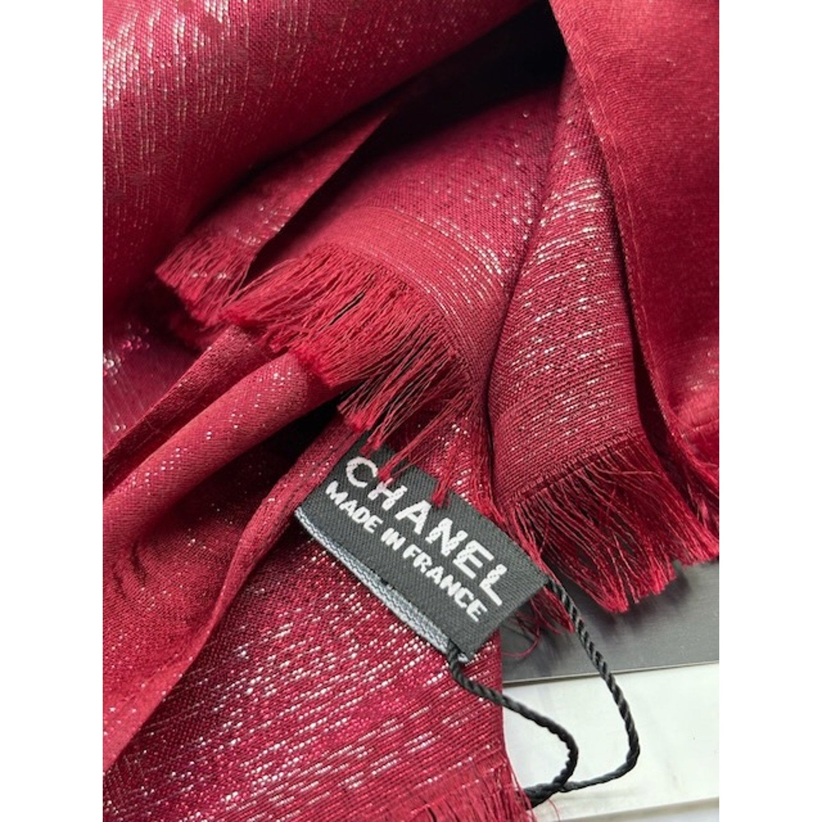 Chanel Scarf Metallic Check Wool Acrylic Blend Wrap Shawl Burgundy Red OS