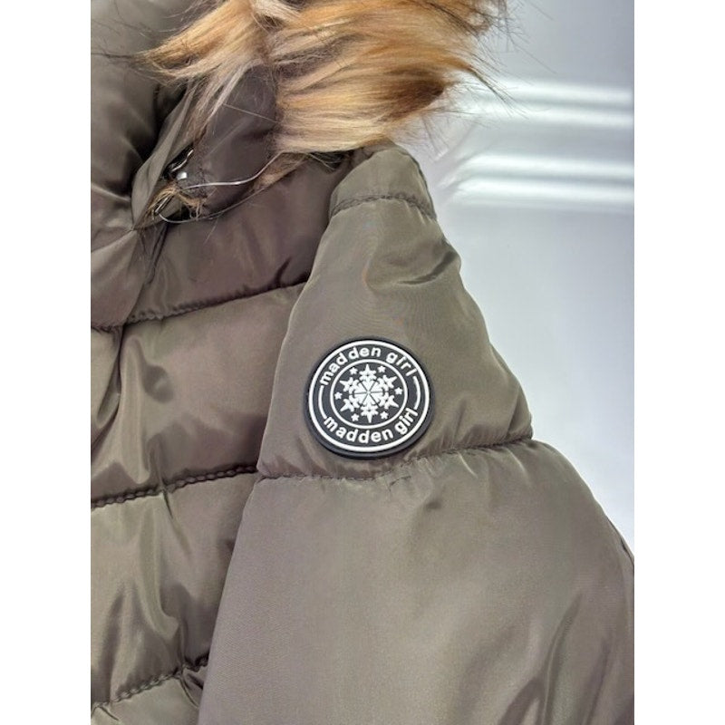 Madden Girl Hooded Faux-Fur-Trim Puffer Coat Zip-Up Olive Juniors Size XS