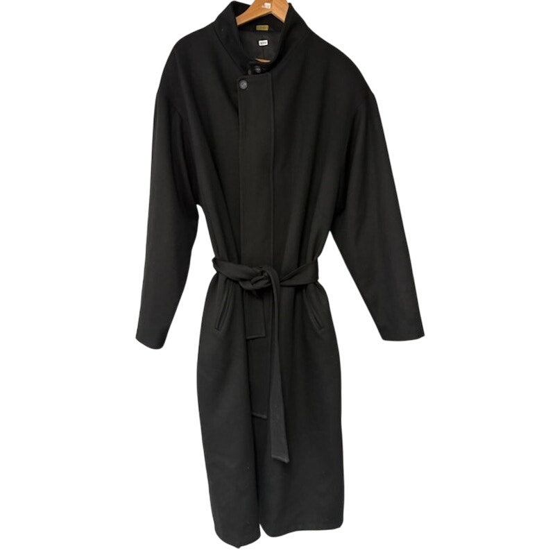 Mens Button-Up Wool Overcoat High Neck Belted Welt Pockets Lined Black Size XLT