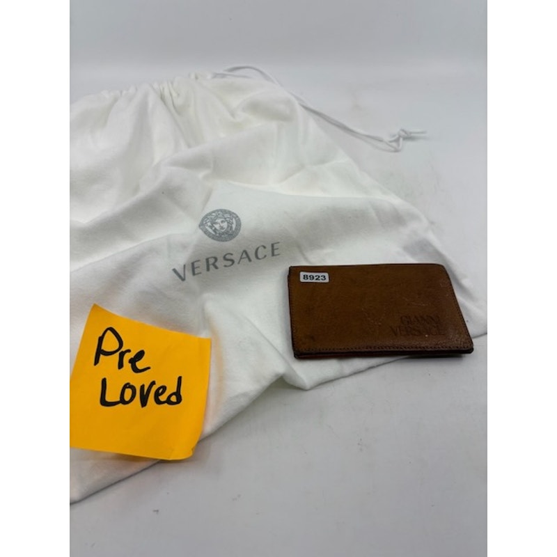 Gianni Versace Leather Card Holder Wallet Slim Bifold Embossed Logo Brown Unisex
