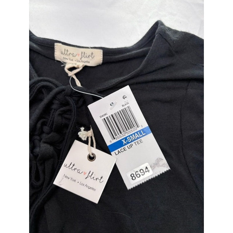 Ultra Flirt Lace Up Tunic Top Short Sleeve Hi-Low Hem Black Womens Size XS