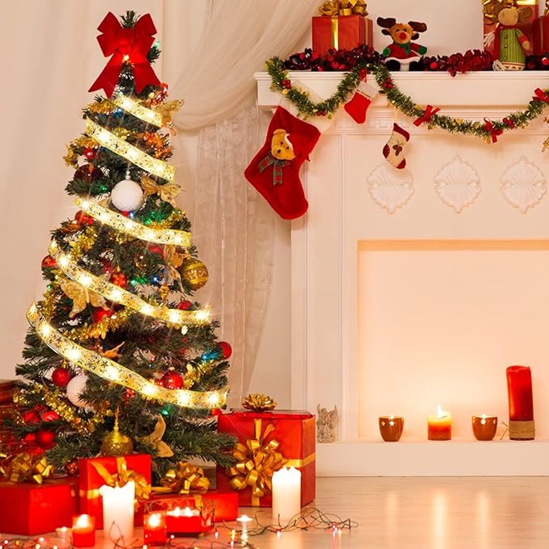 1 Pc Ribbon Fairy Lights Christmas Tree Garland Holiday Decor Gold/White