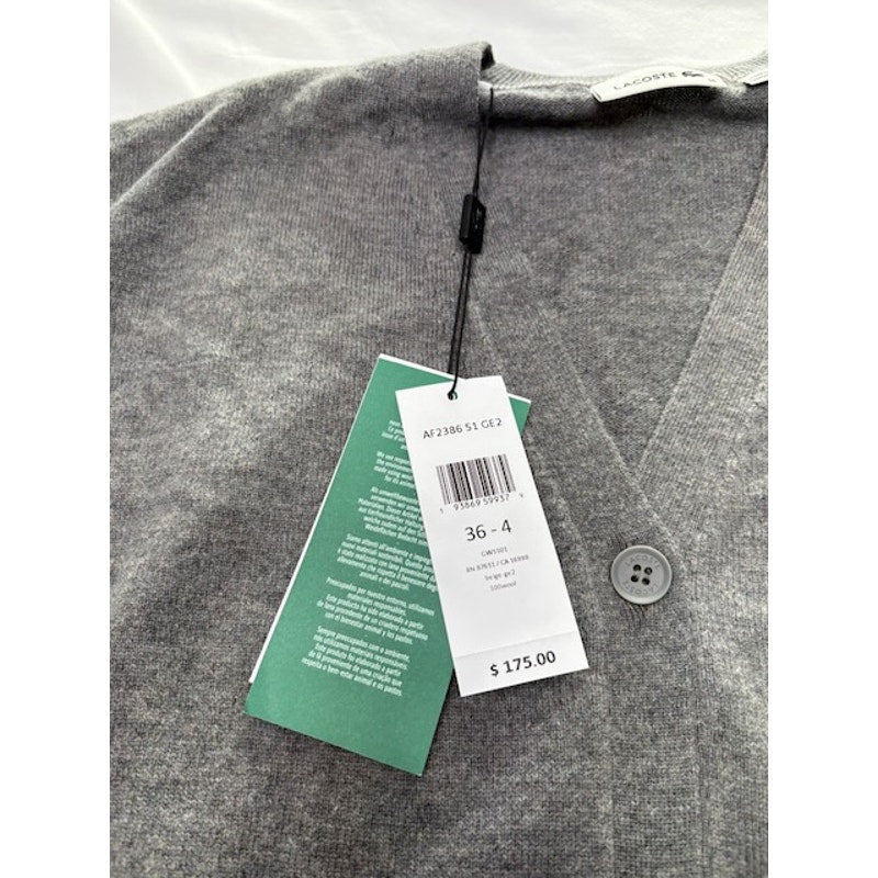 Lacoste Cardigan Sweater Low Cut V-Neck Button-Up Heather Agate Mens Size 36