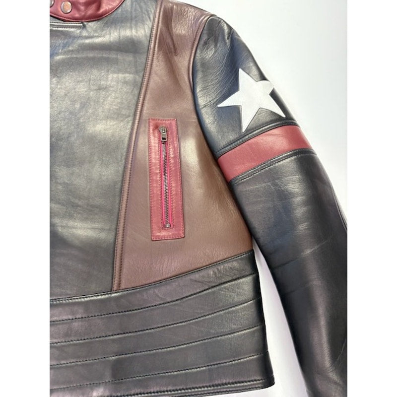 GIVENCHY Star Patch Leather Moto Biker Captain America Jacket Black Mens 48