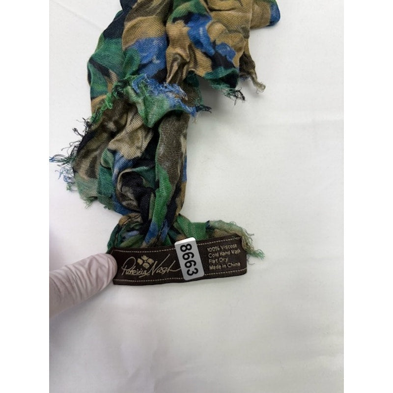 Patricia Nash Floral Scarf Lightweight Viscose Fringe Wrap Green Blue Brown
