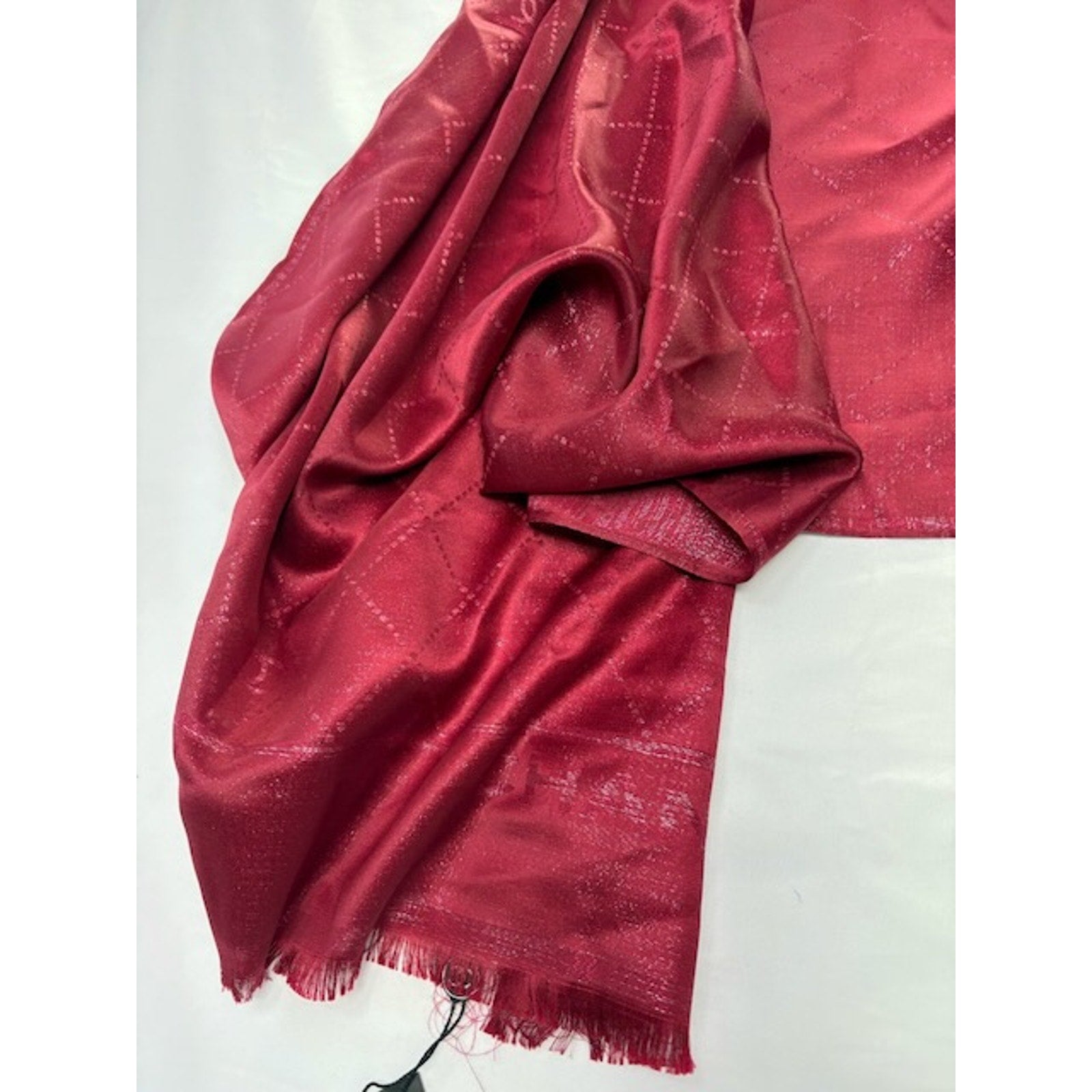 Chanel Scarf Metallic Check Wool Acrylic Blend Wrap Shawl Burgundy Red OS