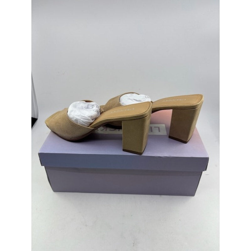 Lisa Vicky Vital V Suede Slide Sandal Block Heels Slip-On Tan Womens Size 7