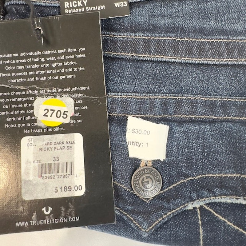 True Religion Ricky Flap SE Relaxed Straight Jeans Dark Axle Denim Mens Size 33