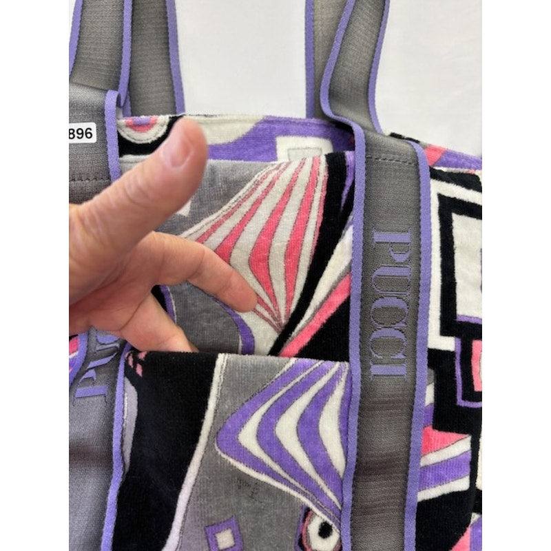 Emilio Pucci Tote Bag Abstract Print Velour Open Top Shoulder Bag Purple Pink
