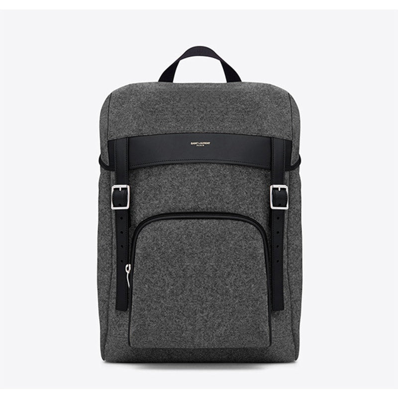 Saint Laurent Paris Leather Trim Wool Backpack Rucksack Drawstring Bag Grey