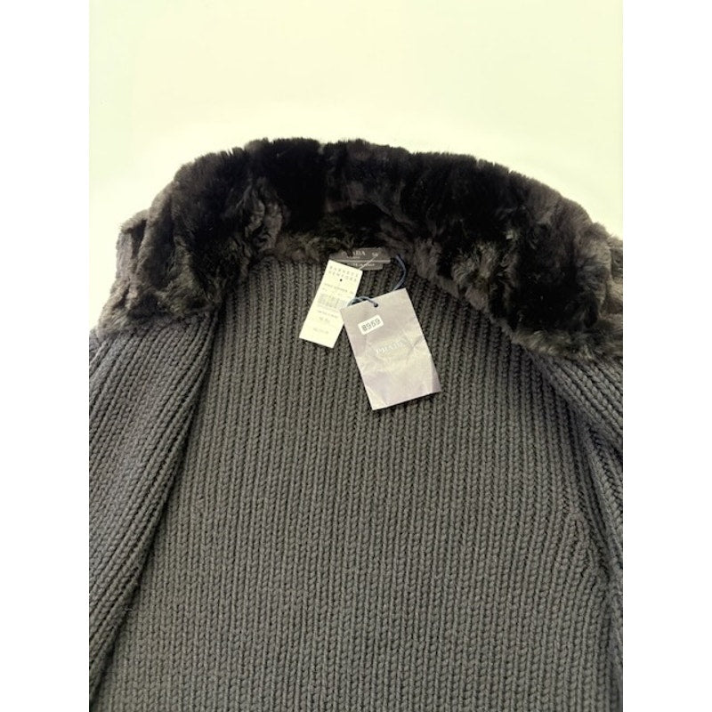 Prada Faux-Fur Collar Cardigan Knit Sweater Full-Zip Black Mens Size 56 EU