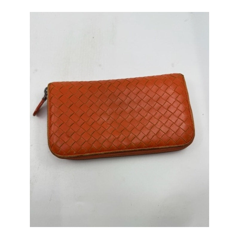 Bottega Veneta Intrecciato Zip Around Wallet Woven Leather Orange Womens