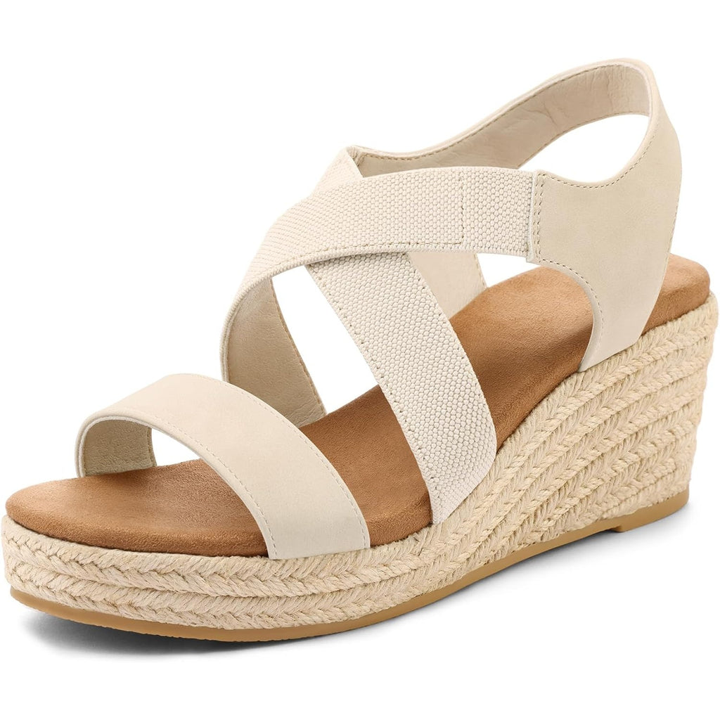 mysoft Platform Espadrille Wedge Sandals Elastic Strap Beige PU Womens 6.5