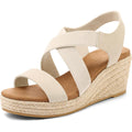 mysoft Platform Espadrille Wedge Sandals Elastic Strap Beige PU Womens 6.5