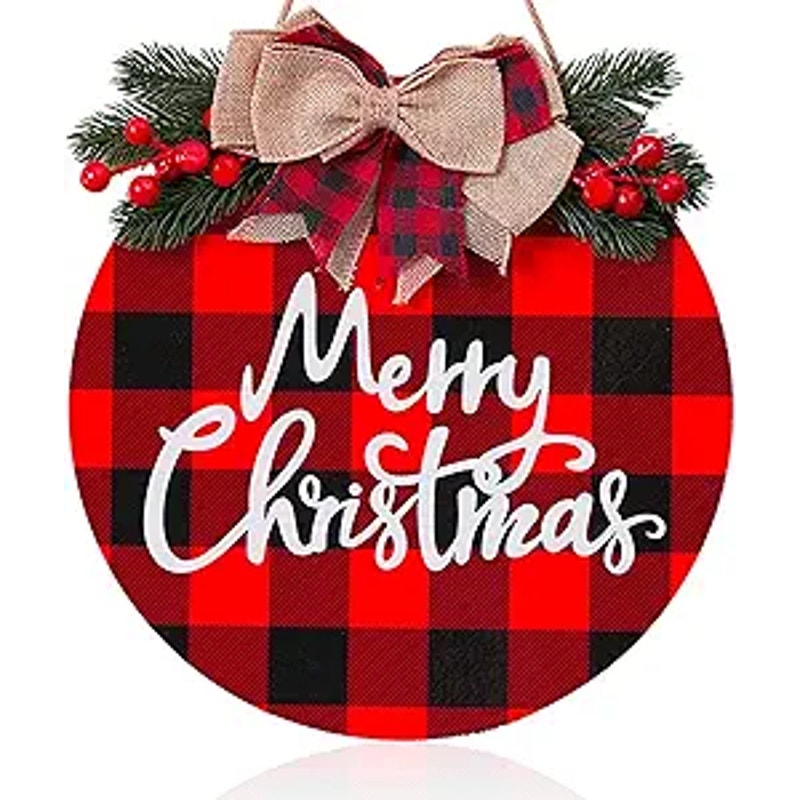 12" Merry Christmas Round Plaid Hanging Wooden Sign Home Door Holiday Decor