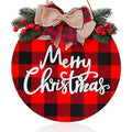 12" Merry Christmas Round Plaid Hanging Wooden Sign Home Door Holiday Decor