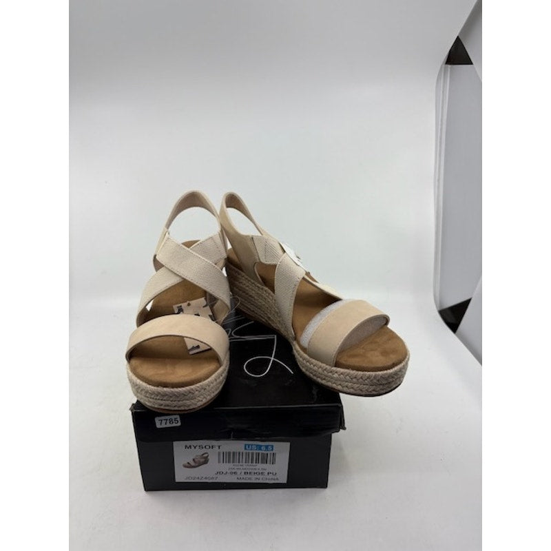 mysoft Platform Espadrille Wedge Sandals Elastic Strap Beige PU Womens 6.5
