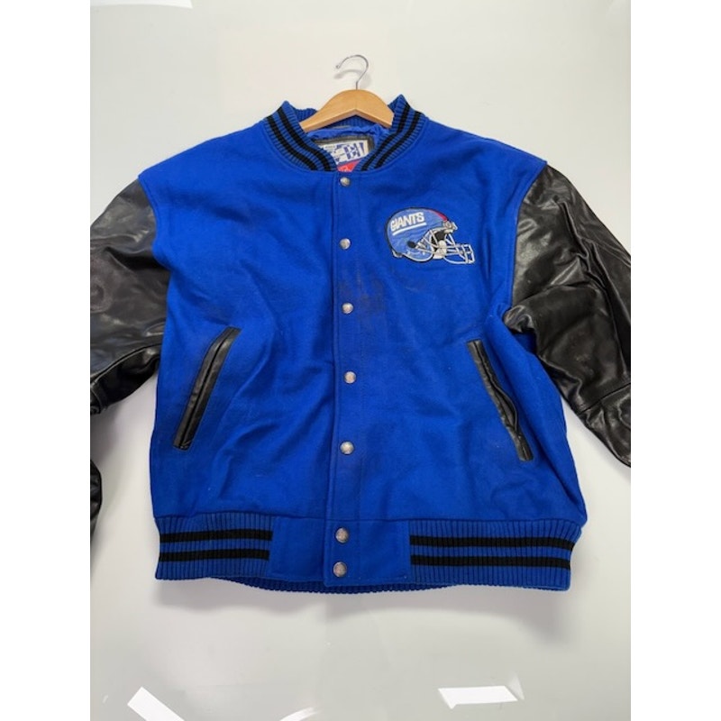 G-III Carl Banks NY Giants Leather Varsity Bomber Jacket Blue/Black Mens Size XL