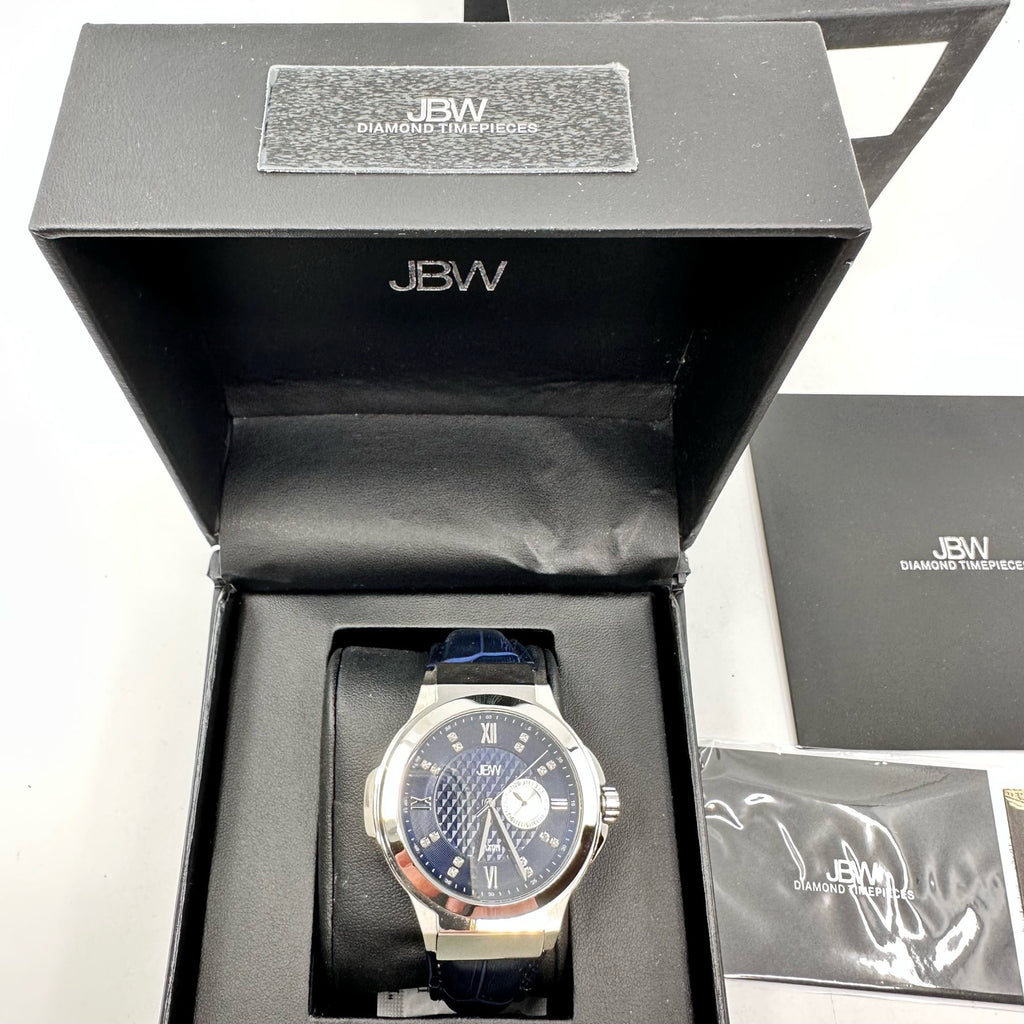 Saxon 48 Genuine Leather Dial Wrist Watch Stainless Steel Blue Silver-Tone