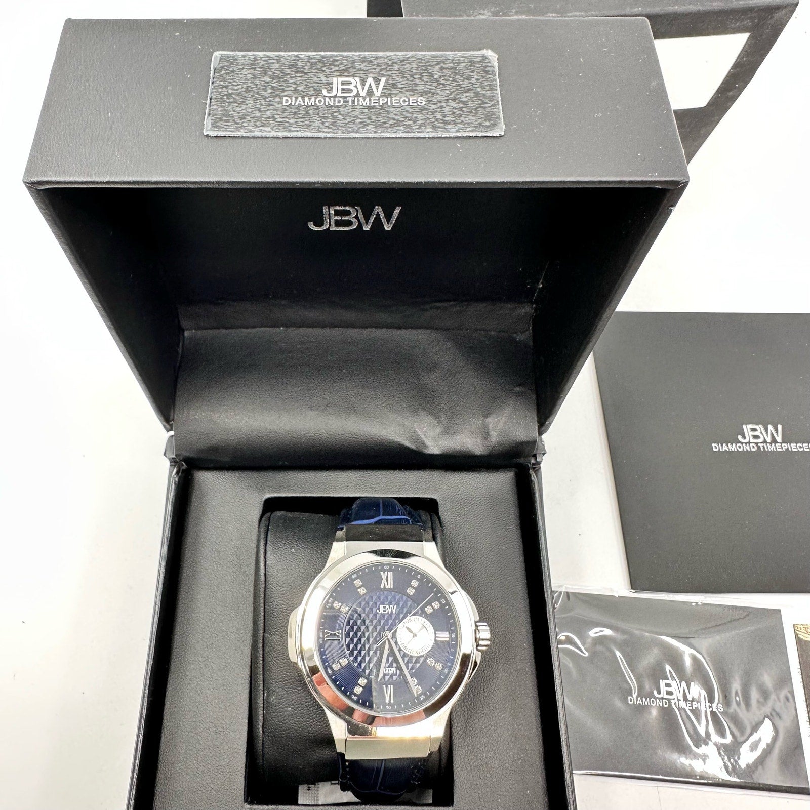 Saxon 48 Genuine Leather Dial Wrist Watch Stainless Steel Blue Silver-Tone